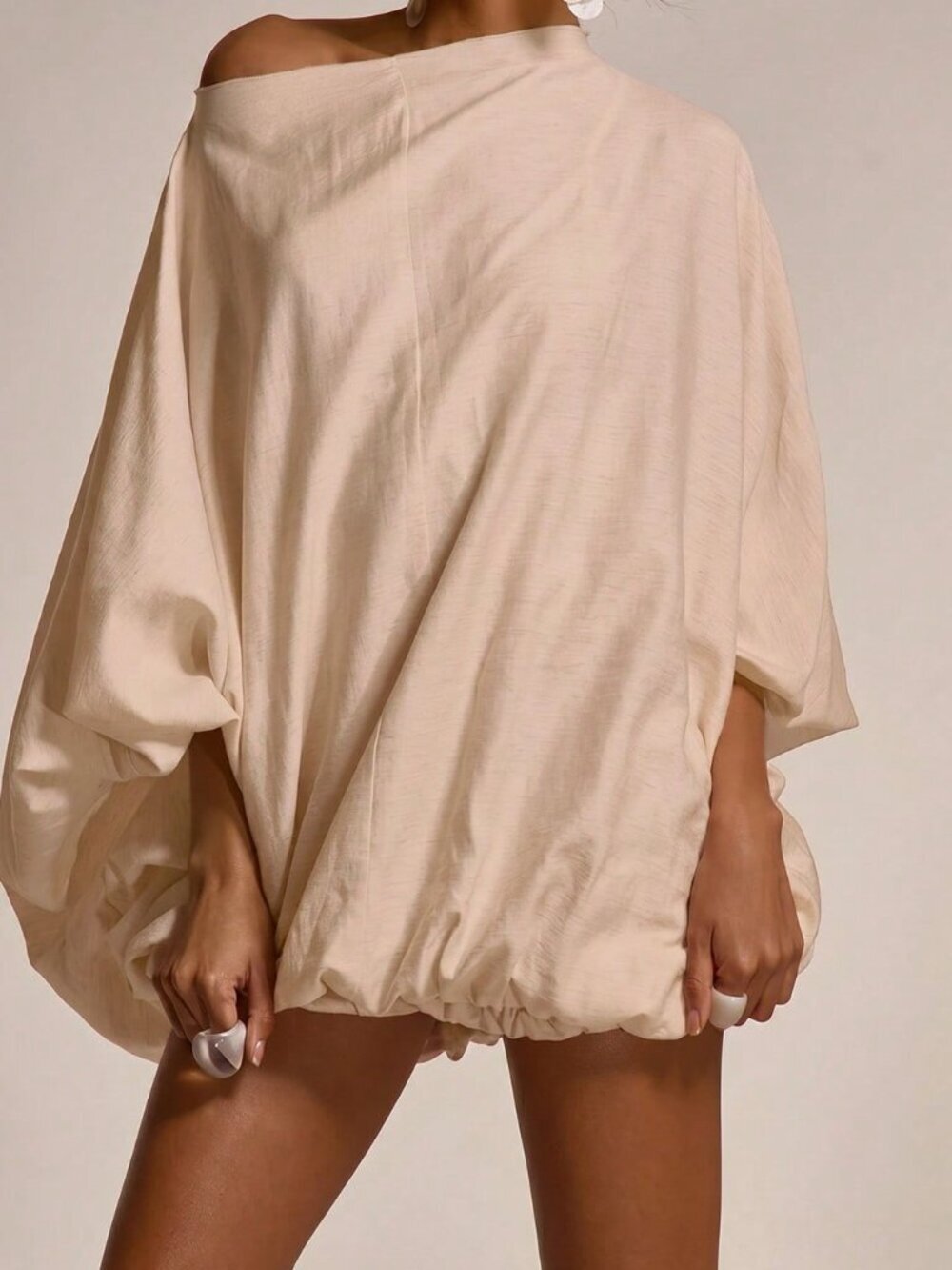 Beige Elegant Women's Mini Dress Slash Neck Cinched Waist